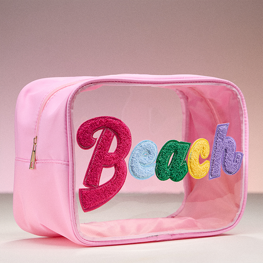 Clear “Beach” Travel Pouch – Pink Trim