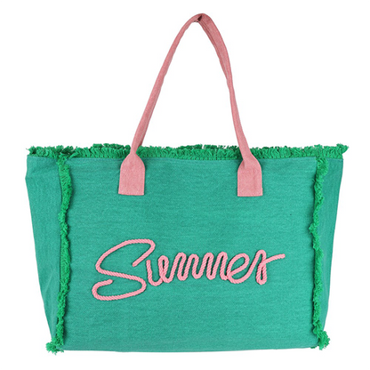 “Summer” Oversized Fringe Tote – Green & Pink