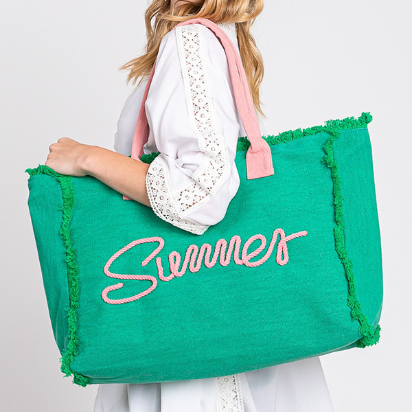 “Summer” Oversized Fringe Tote – Green & Pink