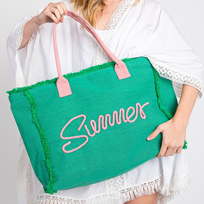 “Summer” Oversized Fringe Tote – Green & Pink