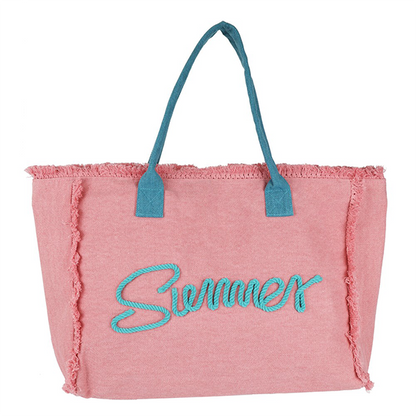 “Summer” Oversized Fringe Tote – Pink & Teal