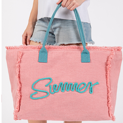 “Summer” Oversized Fringe Tote – Pink & Teal