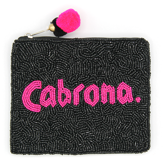 Cabrona. Beaded Zipper Pouch – Black & Hot Pink