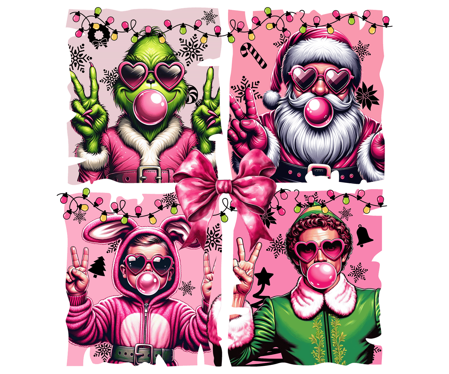 Green Monster, Santa, Pink Bunny, Elf Blowing Bubble Gum