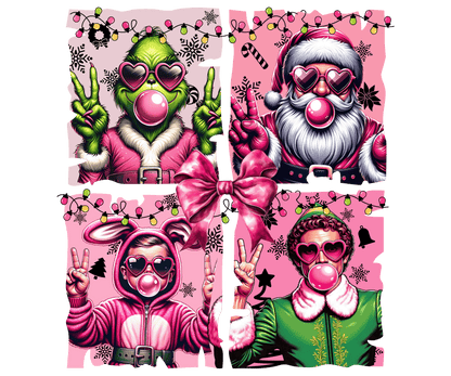 Green Monster, Santa, Pink Bunny, Elf Blowing Bubble Gum