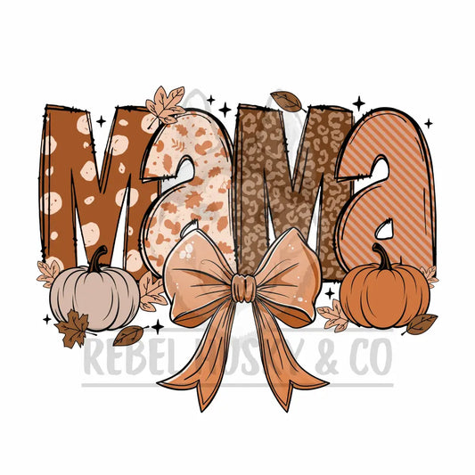 Brown Fall Mama With Coquette Bow And Pumpkins Dtf Transfer