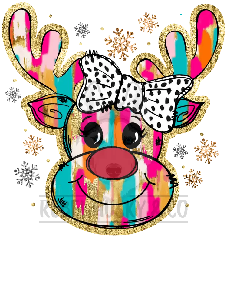 Colorful Reindeer With Gold Trim And Bow Dtf Transfer