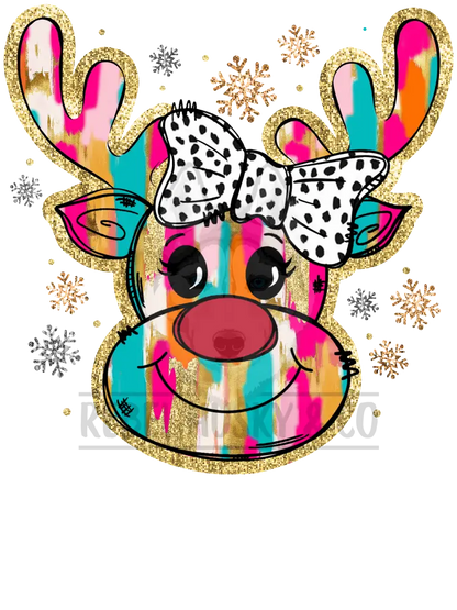 Colorful Reindeer With Gold Trim And Bow Dtf Transfer