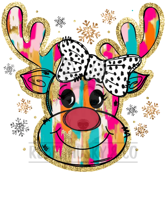 Colorful Reindeer With Gold Trim And Bow Dtf Transfer