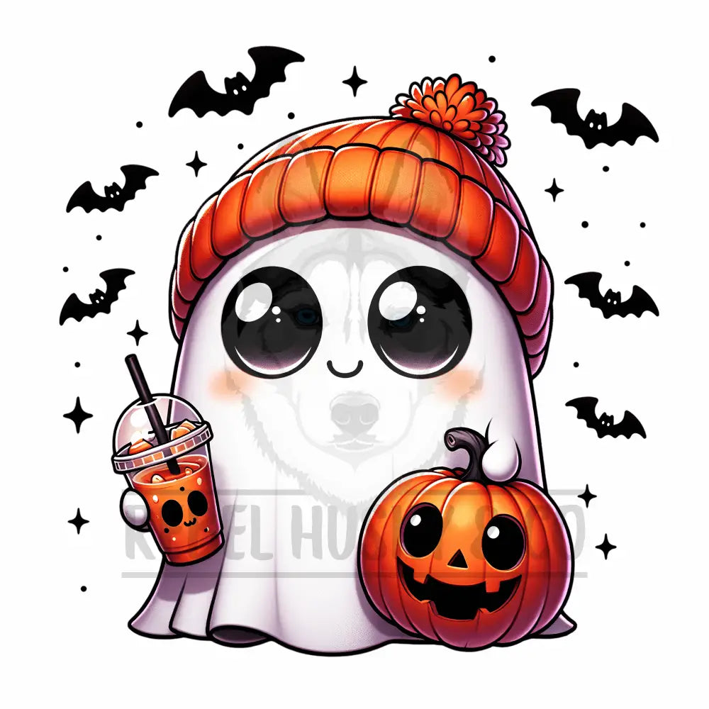 Cute Little Ghost With Drink In Hand Pumpkin And Bats Dtf Transfer