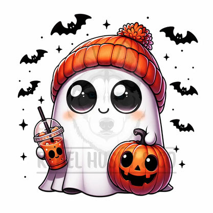 Cute Little Ghost With Drink In Hand Pumpkin And Bats Dtf Transfer