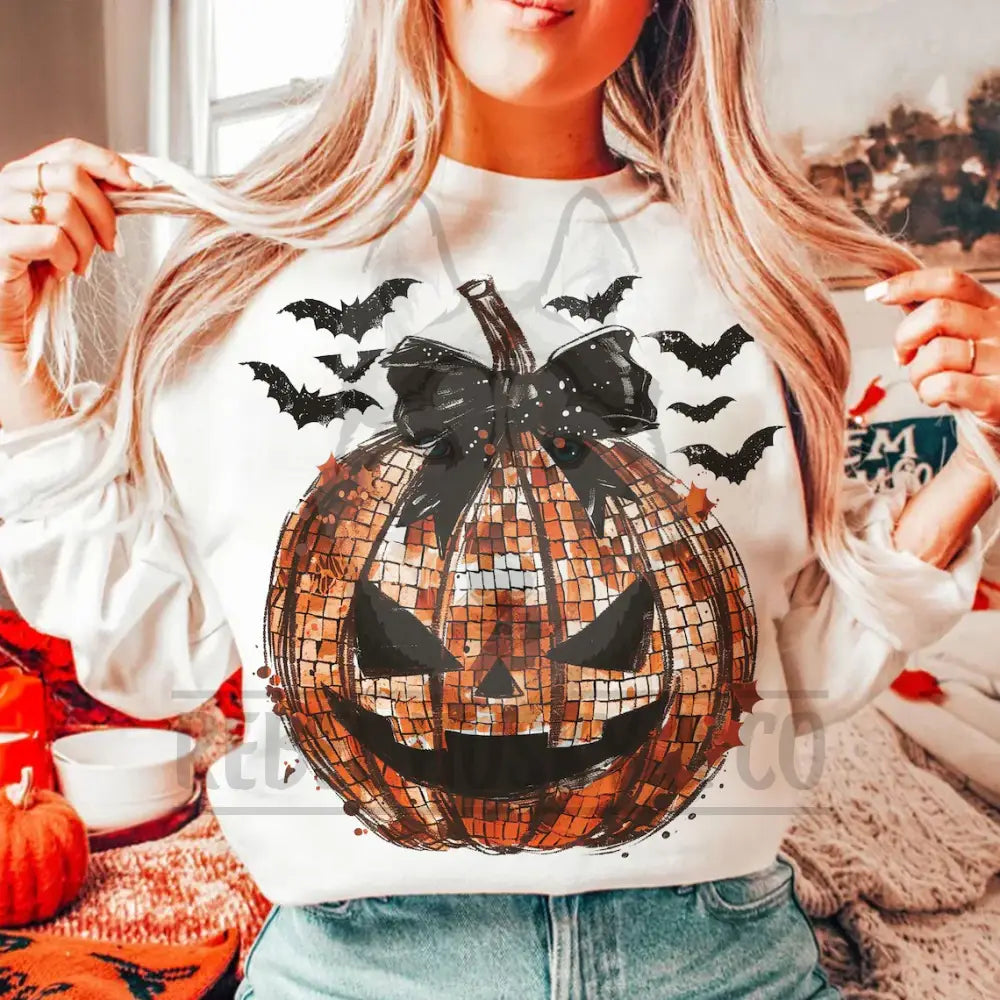 Disco Pumpkin With Black Bow And Bats Dtf Transfer