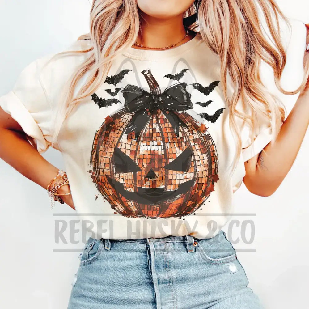 Disco Pumpkin With Black Bow And Bats Dtf Transfer