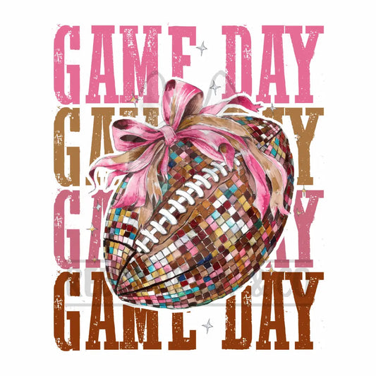 Game Day Football 4X With Pink & Brown Disco Bow Dtf Transfer