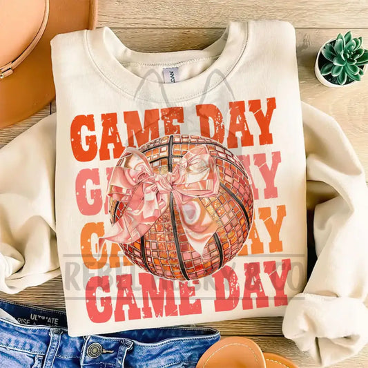 Game Day With Disco Basketball Bow And Pink Foil Ribbon Dtf Transfer