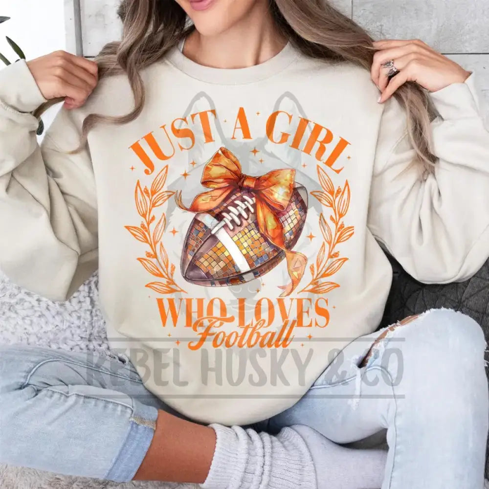 Just A Girl Who Loves Football Orange Letters Disco With Bow Dtf Transfer