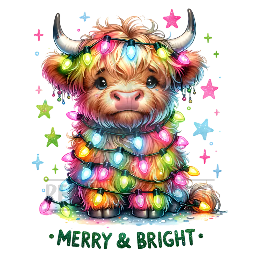 Merry & Bright Highland Cow With Lights Dtf Transfer