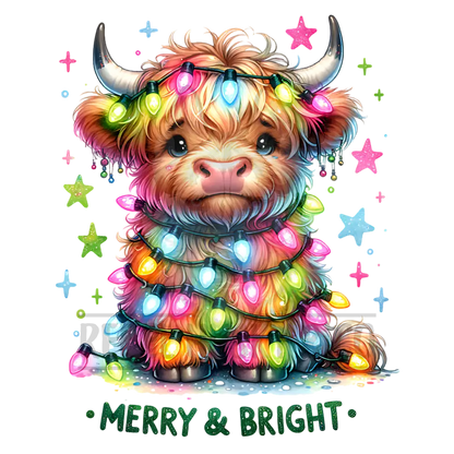 Merry & Bright Highland Cow With Lights Dtf Transfer