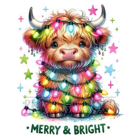 Merry & Bright Highland Cow With Lights Dtf Transfer