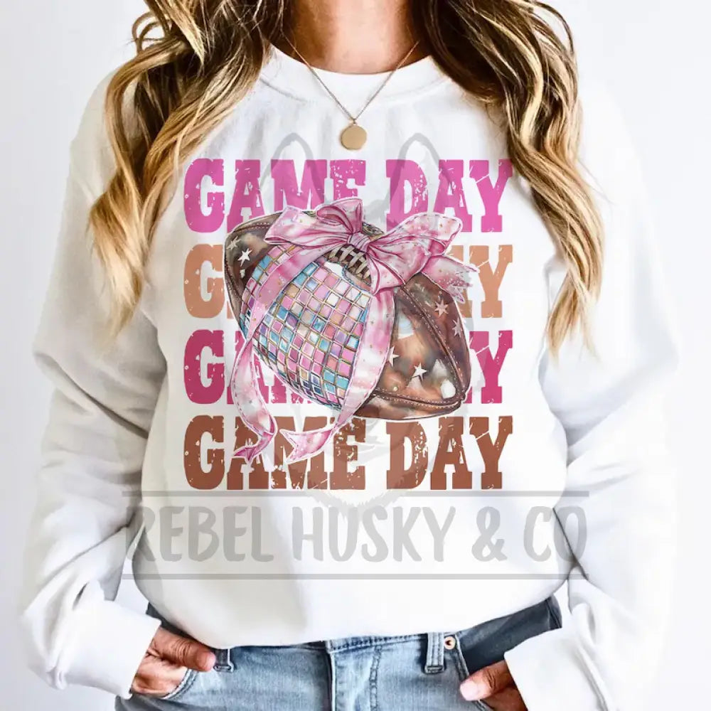 Pink And Brown Football Game Day With Sequin Bow Dtf Transfer