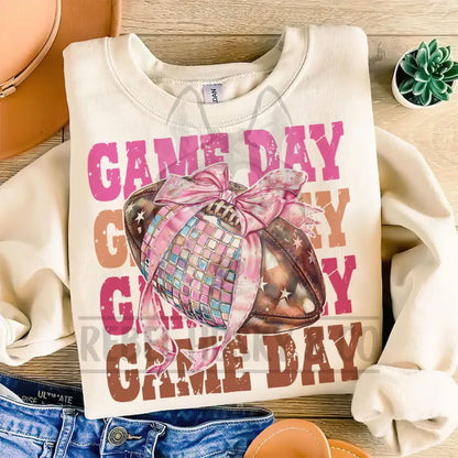 Pink And Brown Football Game Day With Sequin Bow Dtf Transfer