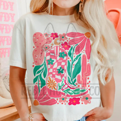 Pink And Green Boho Boot Retro Flowers Dtf Transfer