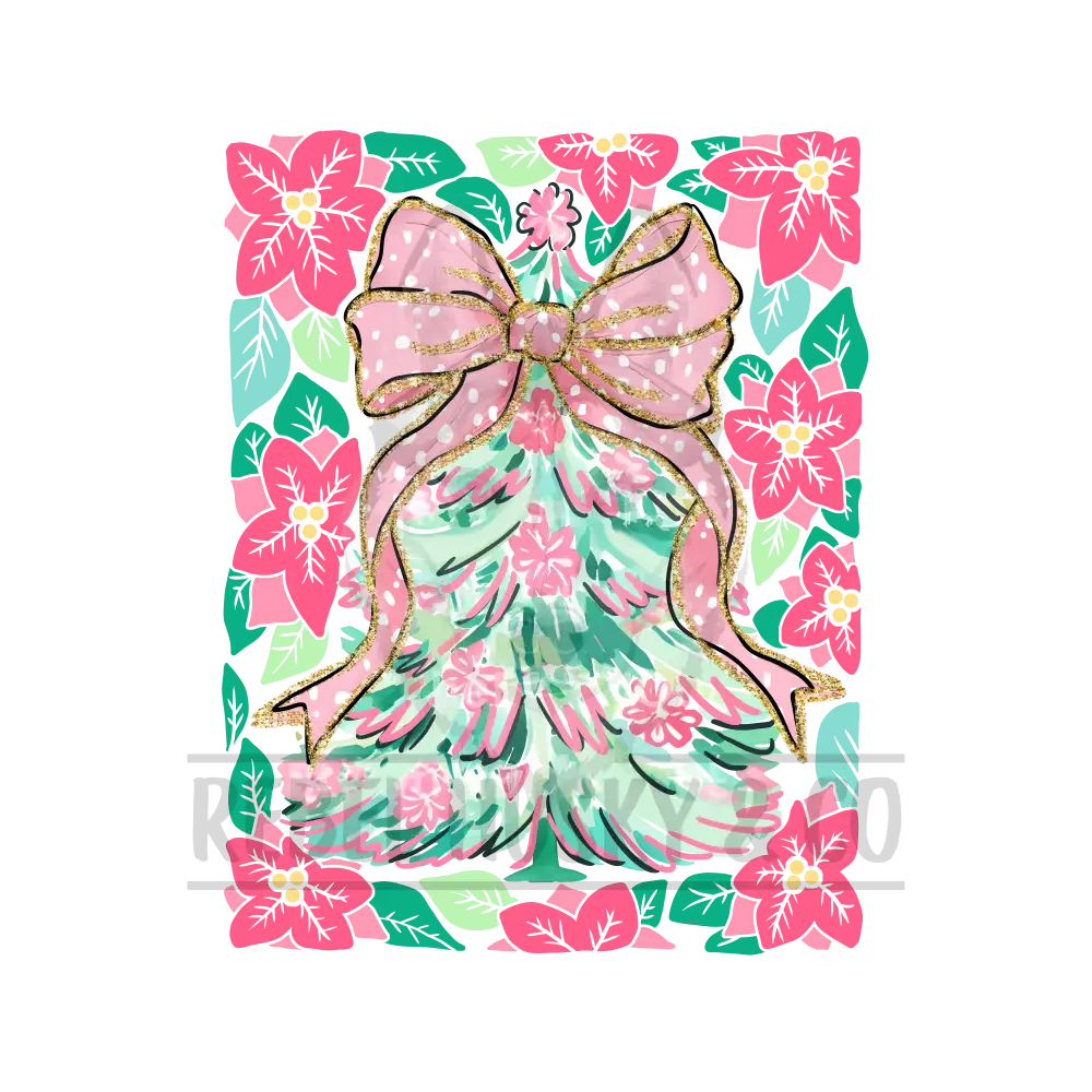 Pink And Green Christmas Tree With Coquette Bow Dtf Transfer