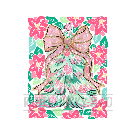 Pink And Green Christmas Tree With Coquette Bow Dtf Transfer