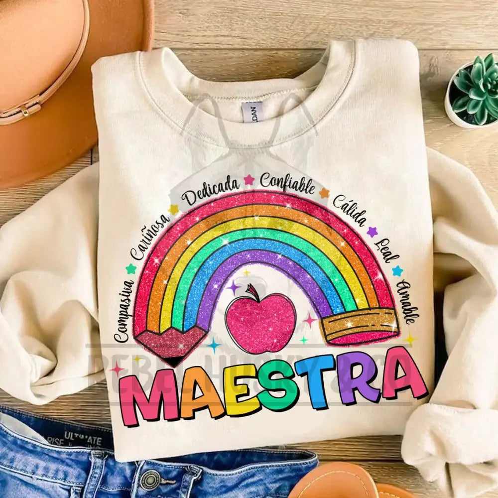 Spanish Teacher Pencil Rainbow Teach Love Inspire Colorful Dtf Transfer
