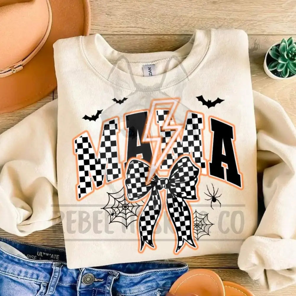 Spooky Mama Neon Orange Lightning Bolt With Checkered Bow Dtf Transfer