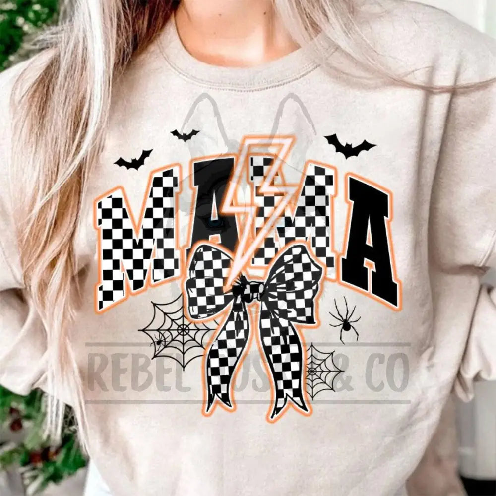 Spooky Mama Neon Orange Lightning Bolt With Checkered Bow Dtf Transfer