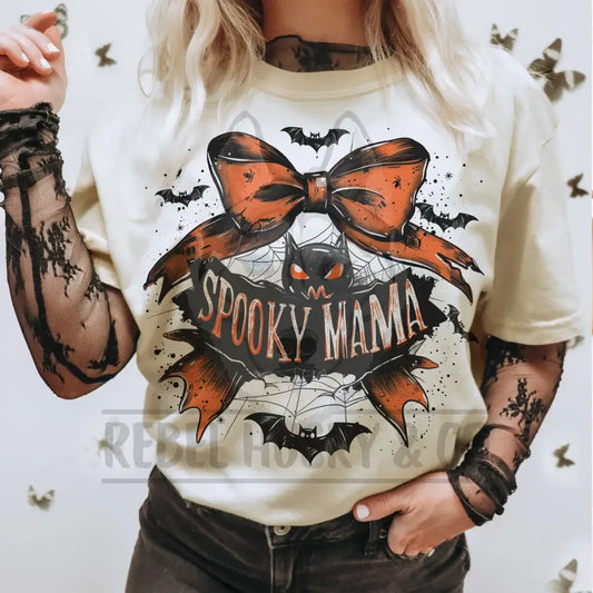 Spooky Mama With Orange Bow And Bats Dtf Transfer