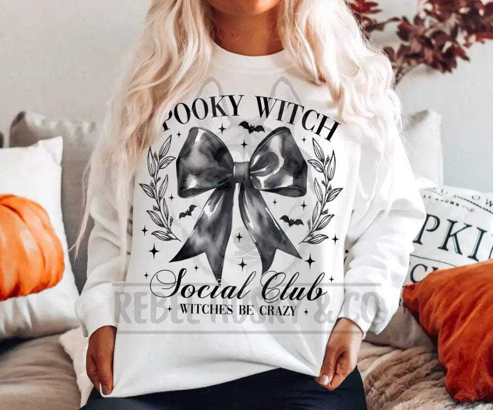 Spooky Witch Social Club With Back Coquette Bow And Bats Witches Be Crazy Dtf Transfer