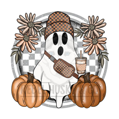 Trendy Fall Ghost With Checkered Bag And Coffee Dtf Transfer